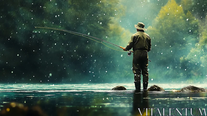 Fly fisher stands in river under soft falling rain.