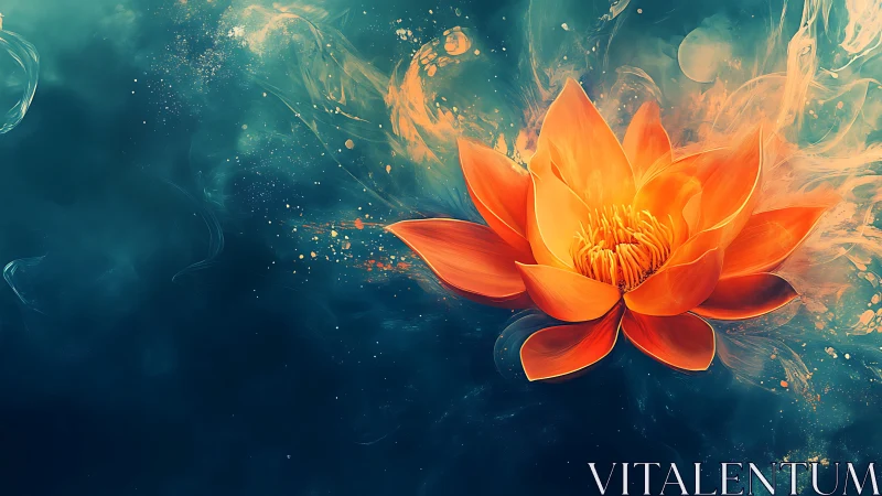 Incandescent lotus drifts through teal cosmic waterscape.