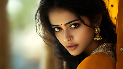 Portrait shows intense gaze with warm golden sari tones
