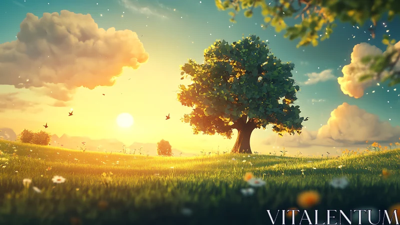 Solitary oak under golden sunset in dreamy meadowscape.