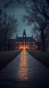 Symmetrical dusk view of illuminated academic brick hall