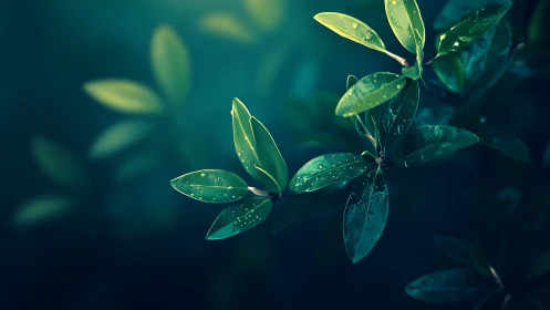 Close-up leaves display surface moisture under soft lighting