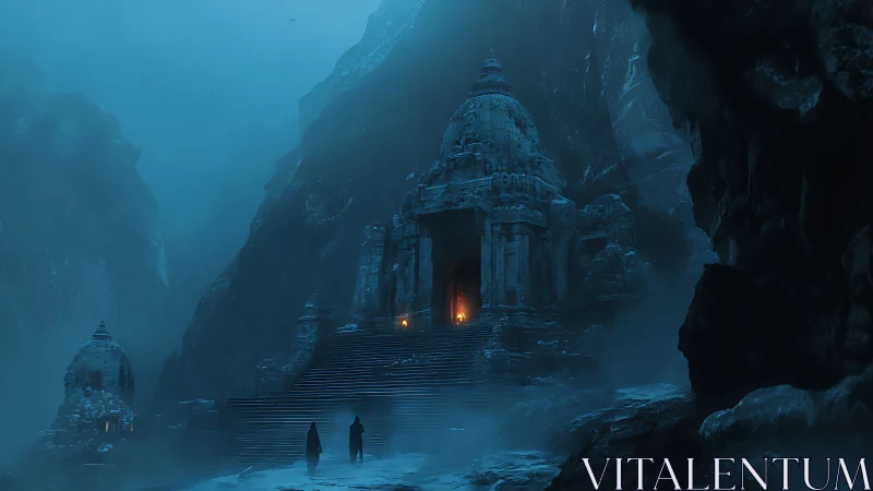 Misty mountain temple entrance with two cloaked travelers.