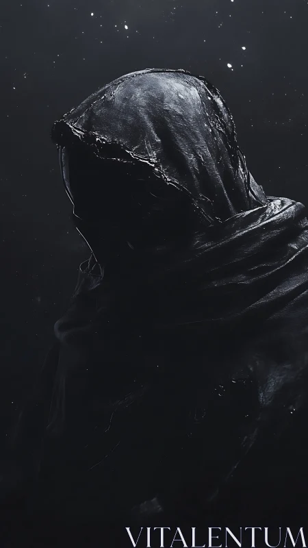 Silent hooded wanderer wrapped in midnight shadows.