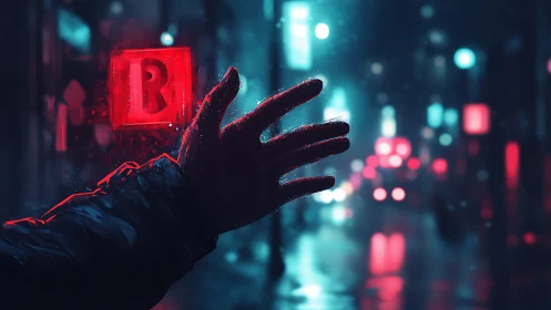 Cyberpunk hand silhouette against neon city bokeh field.