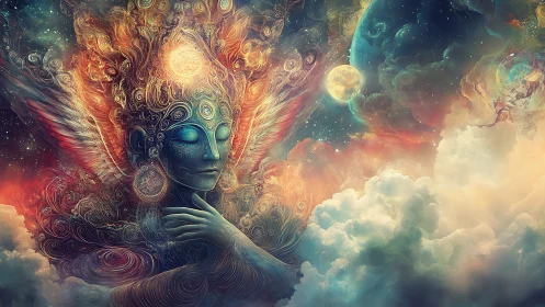 Celestial dream guardian rests among swirling cosmic clouds