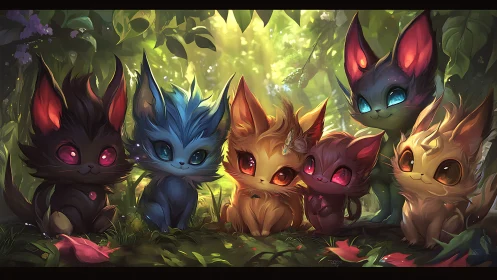 Five anthropomorphic felines with luminescent eyes in forest environment