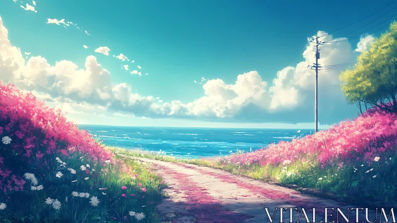 Sunlit coastal path wrapped in dreamy spring blossoms.