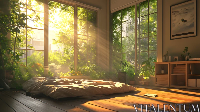 Sun-drenched floor bed in leafy apartment sanctuary.