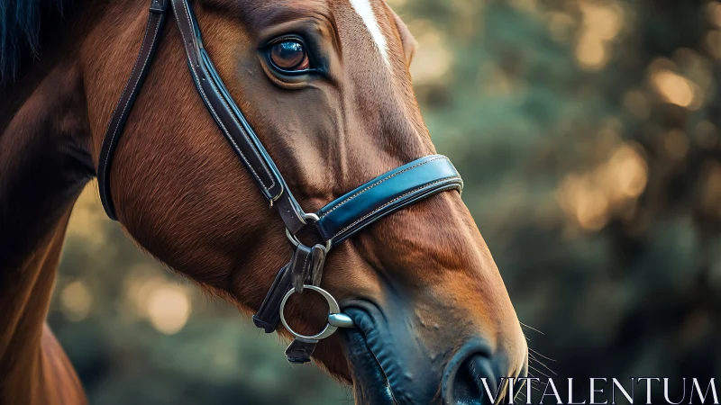 Close-up equine portrait captures bridle details and shallow focus