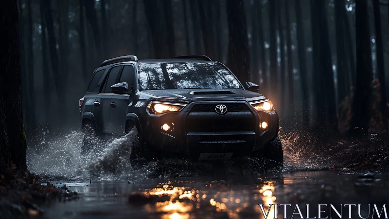 Photorealistic SUV night off-road composition in wet forest environment.