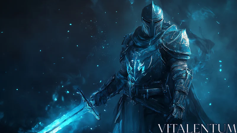 Icebound knight stands in luminous blue spectral armor.