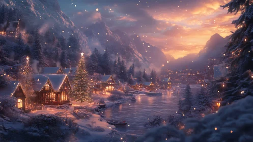 Snowy alpine river village with illuminated chalets at dusk