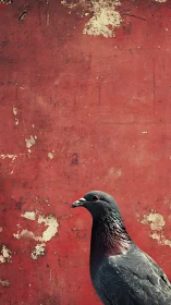 Pigeon profile against weathered red peeling wall backdrop.