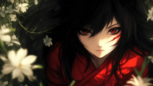 Crimson-eyed warrior framed by lilies and shadowed foliage.