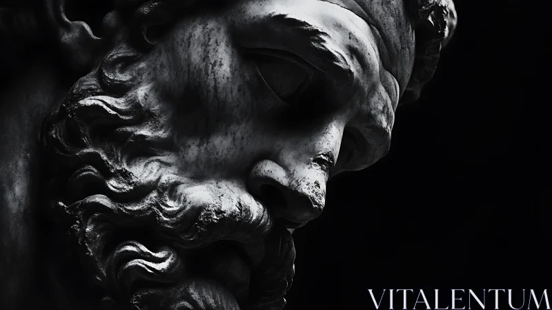 Brooding marble visage in dramatic monochrome light.