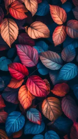 Vibrant autumn foliage displays saturated red and blue leaves