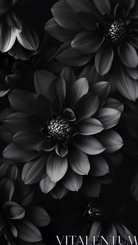 Black and white dahlia flowers arranged in monochromatic botanical composition