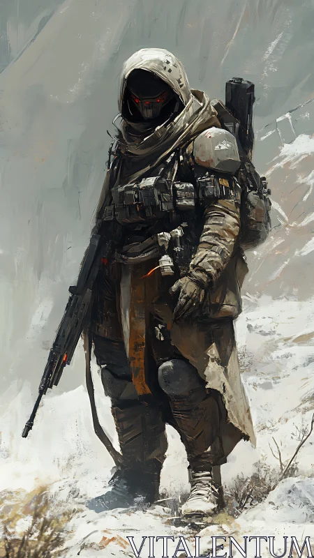 Armored desert ranger with red optics patrols snowbound wasteland