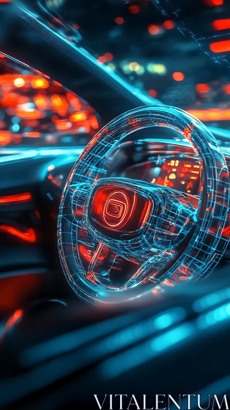 Digital wireframe steering wheel overlays modern car interior