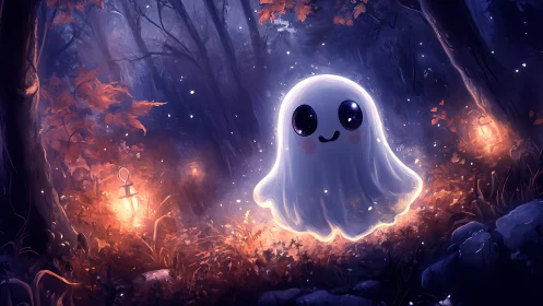 Cute glowing ghost drifts through an enchanted twilight forest
