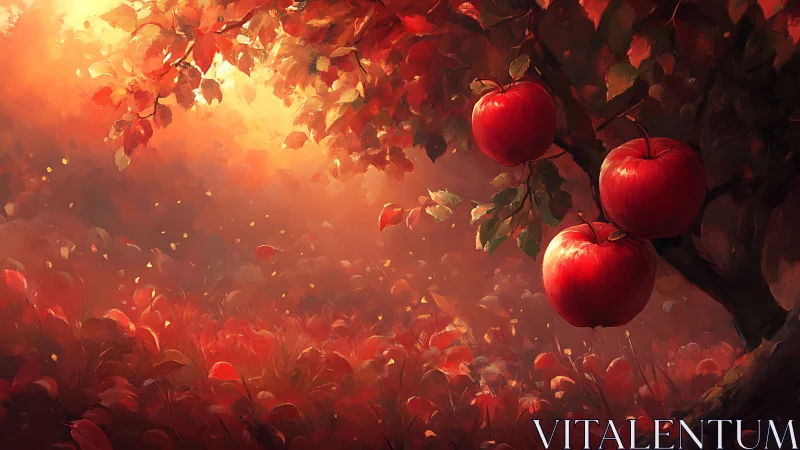 Sunlit autumn apple tree glows in a fiery crimson orchard