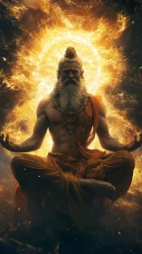 Fiery sage in radiant meditation above swirling cosmic light.