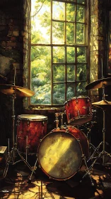 Red drum kit by rustic window with sunlit green foliage.