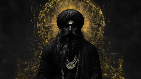Dark-robed bearded figure framed by radial golden halo geometry