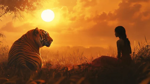 Sunset-lit tiger and girl trade quiet stories of the wild