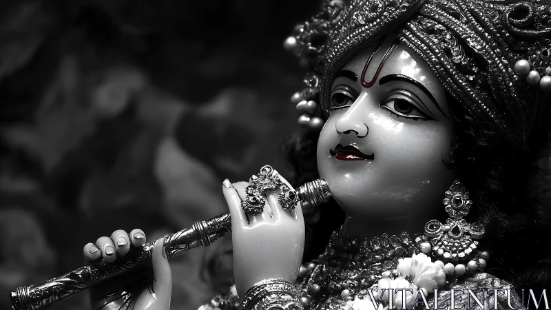 Graceful flute player statue bathed in gentle monochrome light.