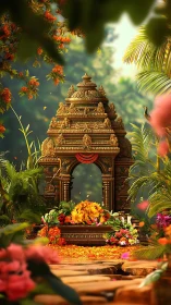 Sunlit temple shrine embraced by lush flowers and leaves.