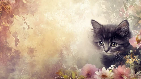 Black kitten portrait set against floral background with rendered effects