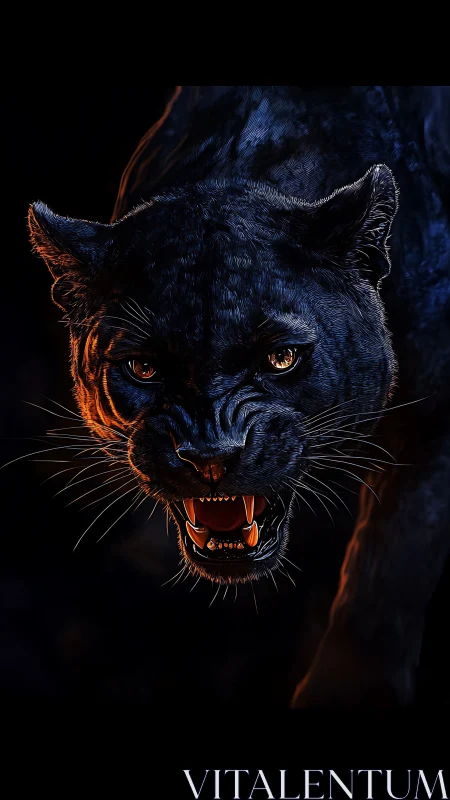 Snarling black panther emerges from shadow in fiery light