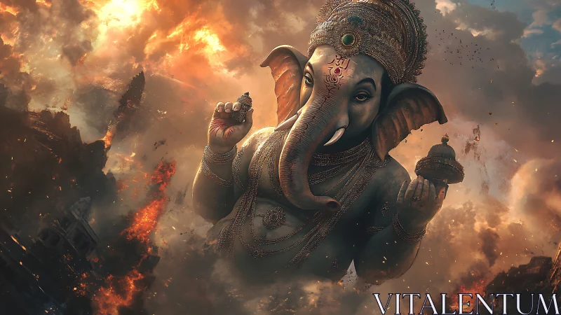Gentle elephant deity rising through swirling fiery skies.