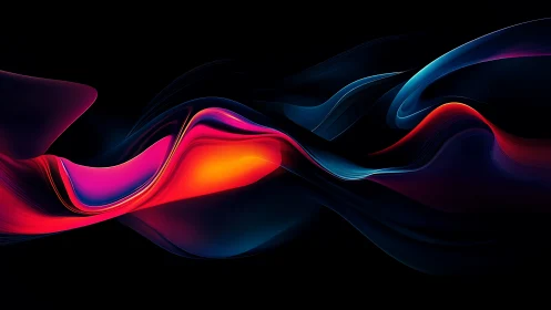 Luminous neon waveforms flow across deep black void.