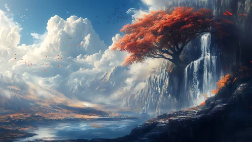Crimson tree guarding a misty waterfall in cloudlit valley.