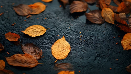 Wet asphalt macro with sharp autumn leaves and bokeh depth