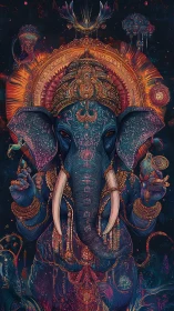 Cosmic elephant deity radiates jeweled neon mandala energy