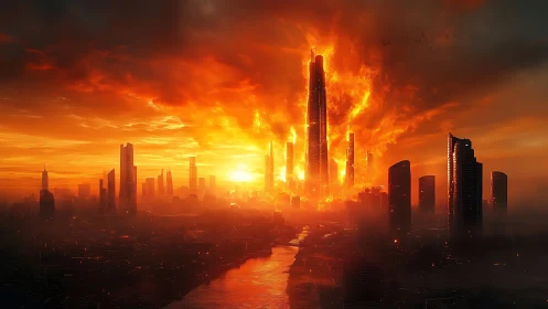 Burning central skyscraper dominates fiery city skyline