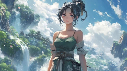 Anime warrior girl in lush mountain waterfall landscape.