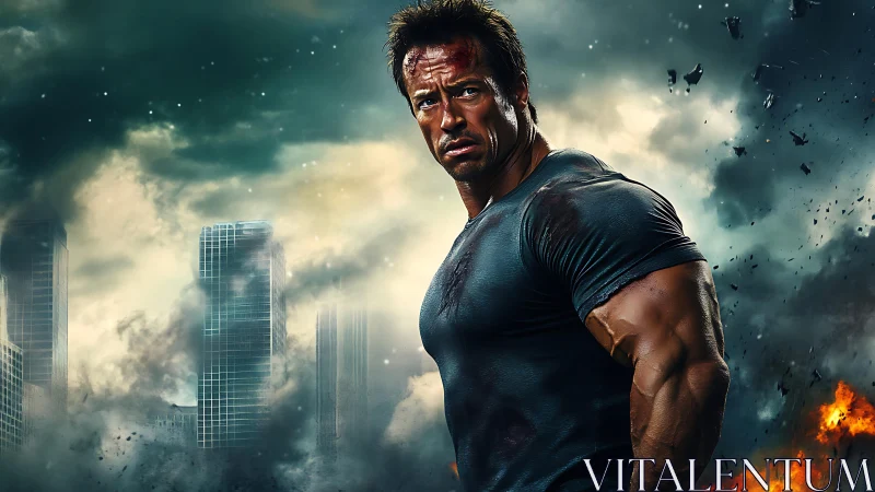 Battle-scarred powerhouse guards a crumbling city skyline.