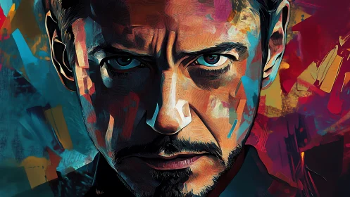 Digital painting portrait with angular chromatic abstractions.