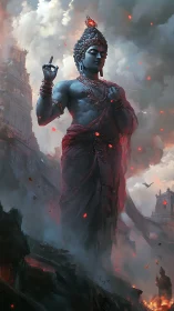 Colossal blue deity rising through molten storm clouds.