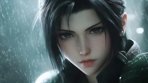 Rain-soaked cyber huntress staring down the stormfront.