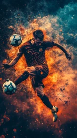 Dynamic football striker suspended in fiery cosmic motion.
