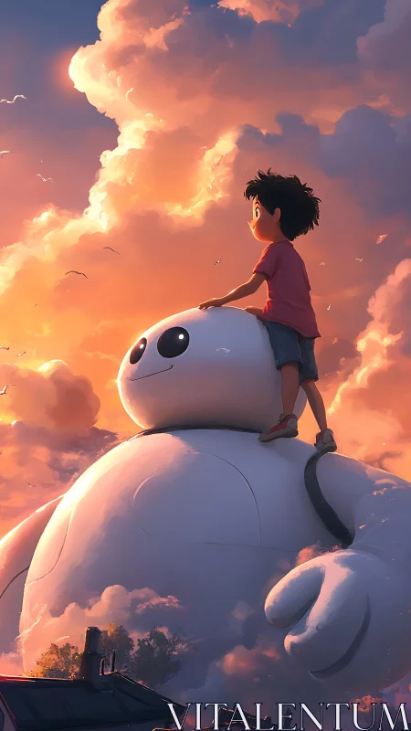 Boy rides gentle robot beneath towering sunset clouds