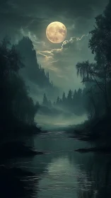 Moonlit river drifts through misty forest in quiet magic