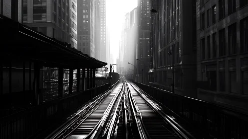 Monochrome urban rail corridor in high-contrast perspective.