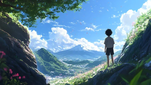 Solitary child gazes over sunlit valley and distant mountain.